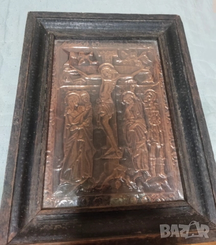 Голям стар дървен кръст с бронзова фигура(30/55)и медна икона дървена рамка Разпятие Христово(30/21 , снимка 5 - Антикварни и старинни предмети - 54041943