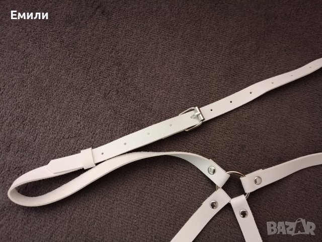 BDSM бял кожен харнес нашийник колан с панделки за тяло, снимка 15 - Колани - 42163872