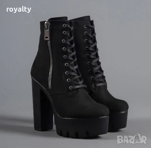 Боти на ток - черен велур с черно ходило, снимка 5 - Дамски боти - 54159687