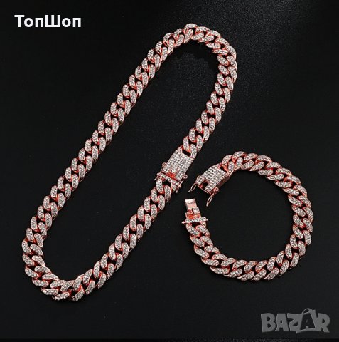 Bling Bling Хип-хоп ланец и гривна - Комплект - 3 модела, снимка 4 - Бижутерийни комплекти - 30410022