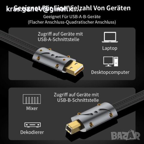 Viborg HiFi USB кабел 0,6 м USB 2.0 тип A до B кабел Посребрен OFC (безкислородна мед), снимка 7 - Кабели и адаптери - 44237665