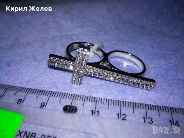 ПРЕКРАСЕН СРЕБРИСТ ДВОЕН ФЕШЪН АРТ ПРЪСТЕН с КРЪСТ с ИСКРЯЩИ ФАСЕТИРАНИ КРИСТАЛИ 37700, снимка 4 - Пръстени - 40684971