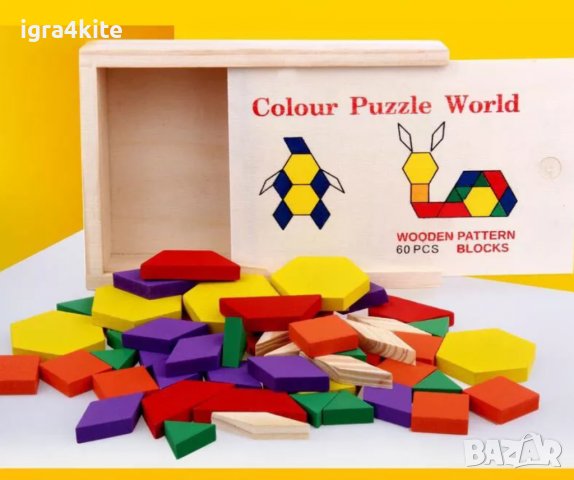 Цветен дървен пъзел мозайка 60 части с цветни блокчета конструктор стрител, снимка 6 - Образователни игри - 36583255