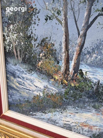 авторска картина зимен пейзаж маслени бои върху платно с красива дървена рамка , снимка 7 - Картини - 54087882