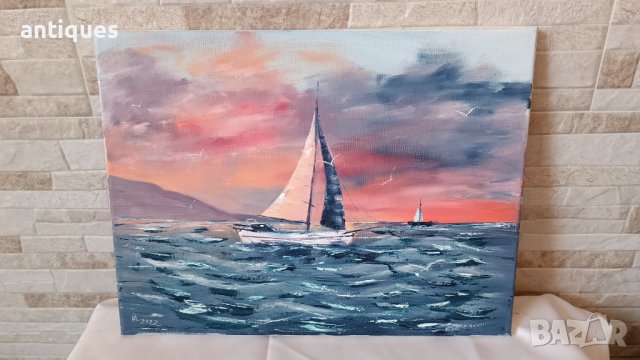 Картина "Лодка в морето" - маслени бои на платно - 40/31см, снимка 1 - Картини - 39435687