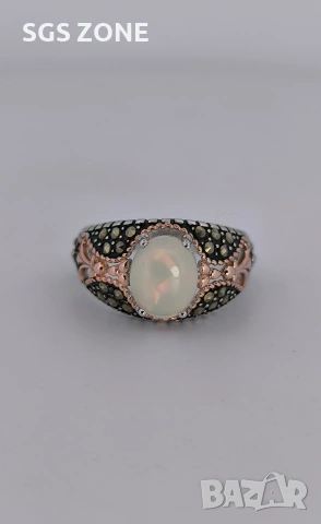 Мъжки сребърен пръстен с бял опал и марказит, снимка 9 - Пръстени - 53370216