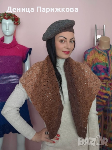 Ръчно плетен комплект „Алпака Елеганс“ – триъгълен ажурен шал и релефна барета (УНИКАТ), снимка 11 - Шалове - 52624578