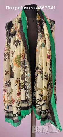 SHARCO Копринен Шал 100% SILK - 174х100 - Екзотичен - Птици Фламинго - Зелено
