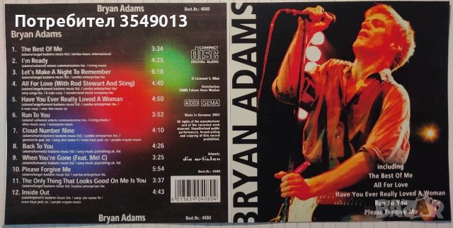 Неофициални cd / цд дискове - нови - BRYAN ADAMS [GR.HITS,BEST,COLLECTION], снимка 3 - CD дискове - 53222115