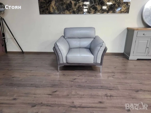 Сив фотьойл от кожа и плат, снимка 9 - Дивани и мека мебел - 52010789