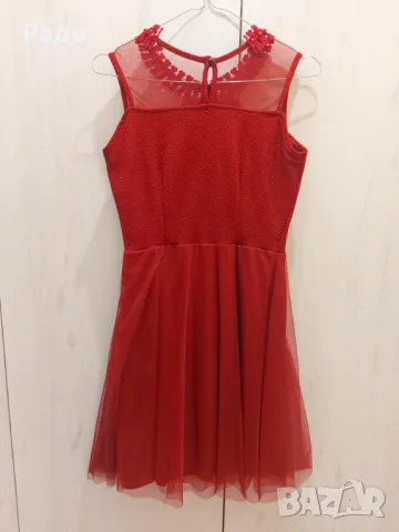 Нова малка червена ефирна рокля размер S памук абитуриентски бал с блестящи камъчета брокат тюл пола, снимка 3 - Рокли - 49408982