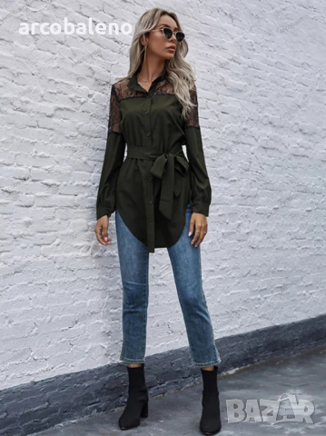 Дълга кръгла яка, дълги ръкави и талия, дамска дантелена риза, 4цвята , снимка 4 - Ризи - 44784483