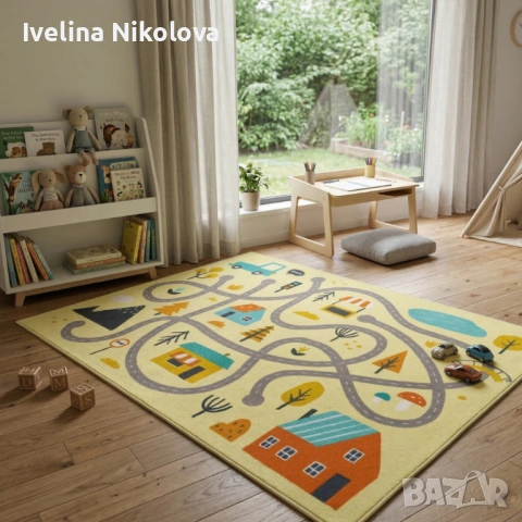 Детски килим за игра 120х160см - Светложълт килим с цветни къщички, противоплъзгащ и миещ се