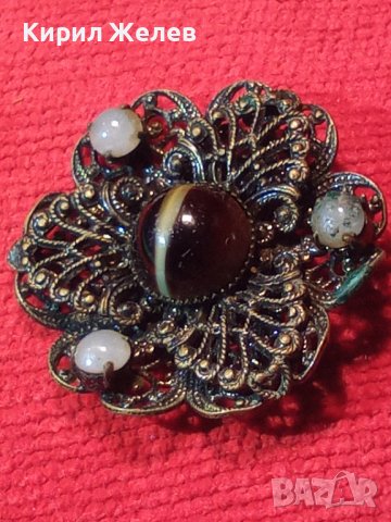 СТАРИННА БРОНЗОВА ФИЛИГРАННА БРОШКА с ЯСПИС и ПЕРЛИЧКИ АРТ ДЕКО 1921