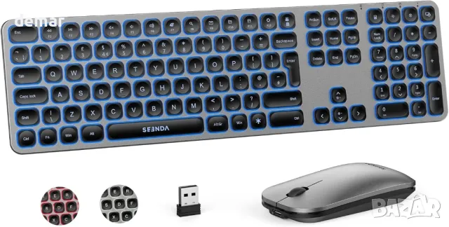 Комплект безжична клавиатура и мишка Seenda, 3-цветна подсветка, черно и сиво, снимка 1
