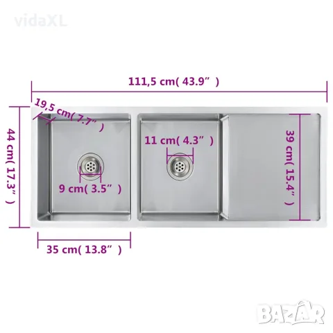 vidaXL Ръчно изработена кухненска мивка, неръждаема стомана, снимка 9 - Мивки - 56146069
