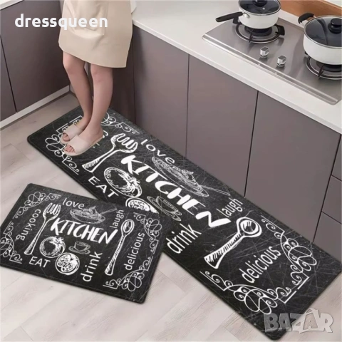 4579 Стилни кухненски пътеки Love Kitchen (Сет 2 части) – Противоплъзгащи и лесни за почистване