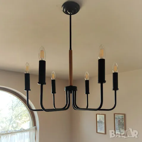 Модерен класически висящ полилей метал с дърво / 6 рамена, снимка 2 - Полилеи - 47675013