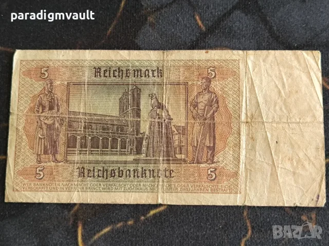 Трети райх - Банкнота - Германия - 5 марки | 1942г., снимка 2 - Нумизматика и бонистика - 55843671