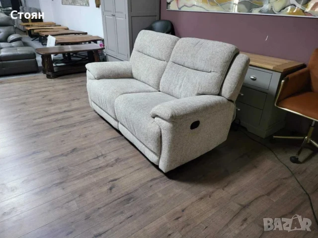 Сив диван от плат двойка с ръчен релаксиращ механизъм, снимка 8 - Дивани и мека мебел - 50886803