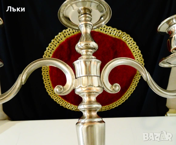 Посребрен троен свещник,чиста мед,35 см.,1.1 кг. , снимка 6 - Антикварни и старинни предмети - 54101805