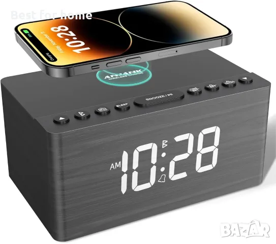 ANJANK Дървен Bluetooth високоговорител с будилник и FM радио, безжична станция за зареждане 
