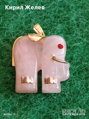 Късметлийска сребърна висулка слон от розов кварц и рубинено око 43571, снимка 2 - Колиета, медальони, синджири - 52925952