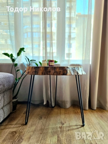 Кръгла маса с жив ръб и метални крака тип Фиба, снимка 6 - Маси - 52388456