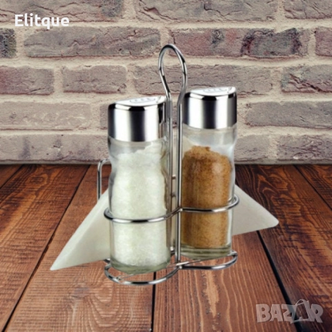 Комплект оливерник Bohmann, за сол и пипер, поставка с място за салфетки, Стъкло, неръждаема стомана, снимка 4 - Други - 52889015