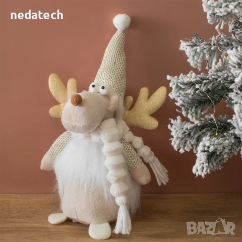 Декоративен елен с плетена шапка, 28 см, екрю, снимка 3 - Декорация за дома - 52333586