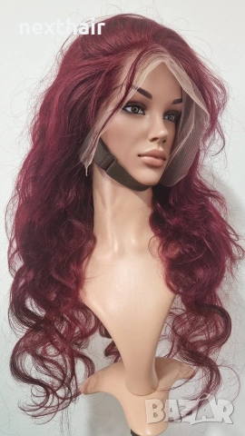 Естествена бразилска перука 75 см – тъмно червена, чуплива, дантелена зона 13x6, снимка 3 - Аксесоари за коса - 53178832