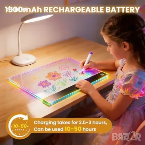 LED светеща презареждаща дъска за рисуване за деца 35x26 см с акумулаторна батерия 1500 mAh и 4, снимка 2 - Рисуване и оцветяване - 55827407
