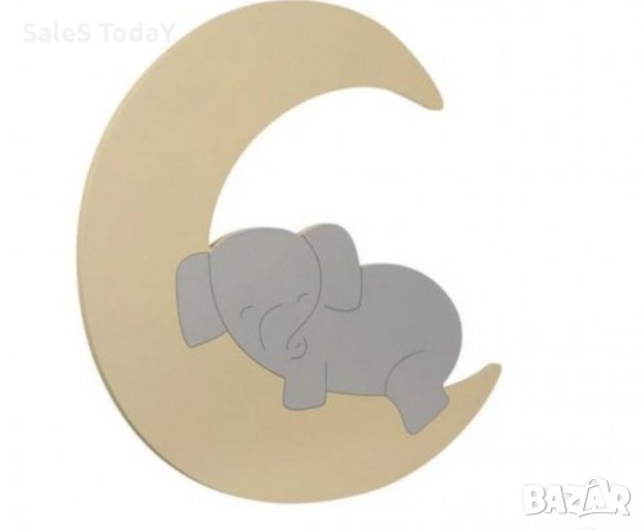 Нощна лампа за бебе, Дървена, декоративна, луна със слонче, 28х30см , снимка 2 - Лампи за стена - 38336508