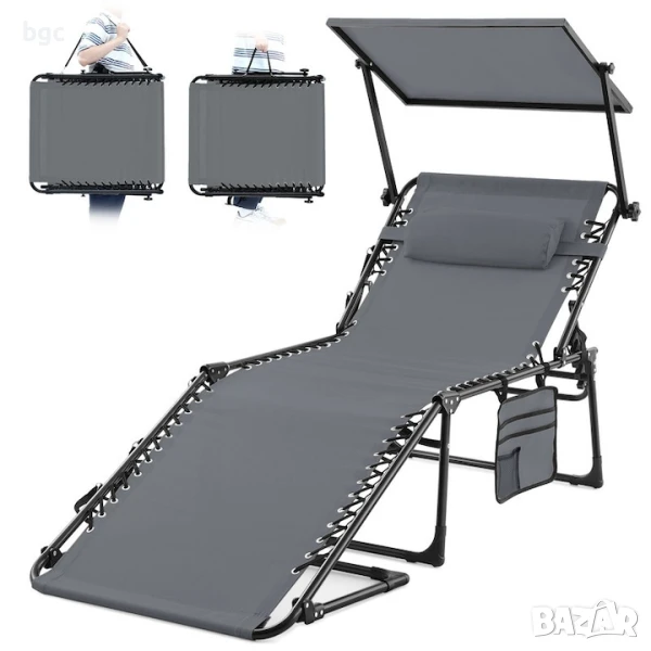 Най-комфортният СГЪВАЕМ Шезлонг Стол Легло със Слънцезащита 190x70x40 см, снимка 1