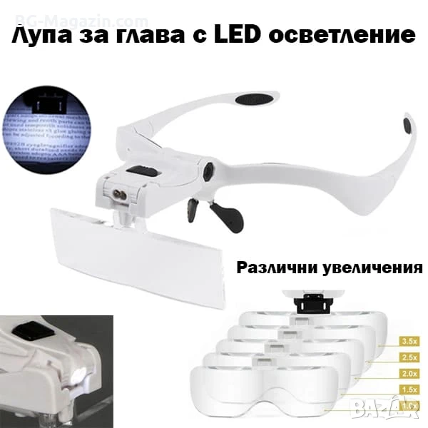 Увеличителна лупа за глава очила лед осветление за четене гоблени шиене бродиране LED мощна лампа, снимка 1