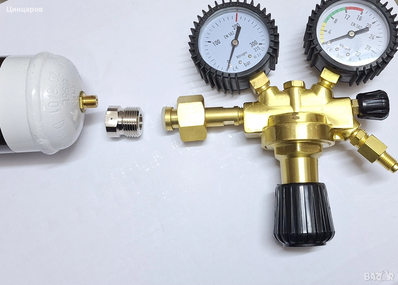 Бутилка Азот 1л, адаптер,редуктор 16bar; 30bar; 50bar,накрайник клима , снимка 1