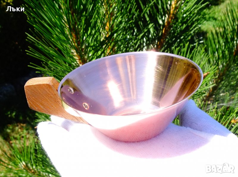 Медна чаша,чиста червена мед,естествено дърво., снимка 1