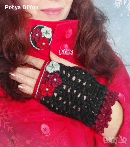 Дамски ръчно плетени ръкавици в черно и червено без пръсти, снимка 1