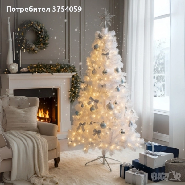 Изкуствена коледна елха в бяло – пухкав снежен ефект, снимка 1