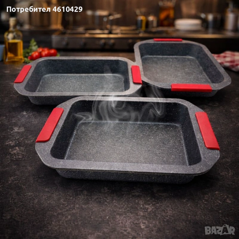 Комплект 3 тави за печене Cheffinger с мраморно покритие и силиконови дръжки , снимка 1