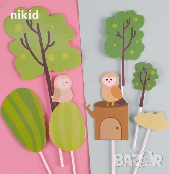 Бухали дървета гора горски сет топери украса декор рожден ден торта, снимка 1