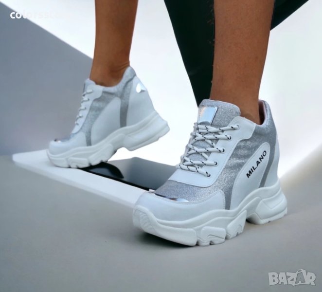 Кецове на платформа - бяло и сребрист брокат с бяло ходило - PA40, снимка 1