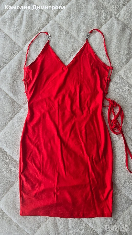 Червена прилепнала рокля с връзки – секси модел, снимка 1