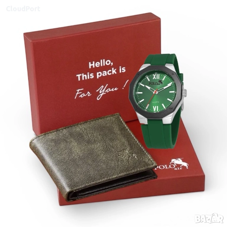 Мъжки комплект, POLO Air, портфейл и часовници, зелен, снимка 1