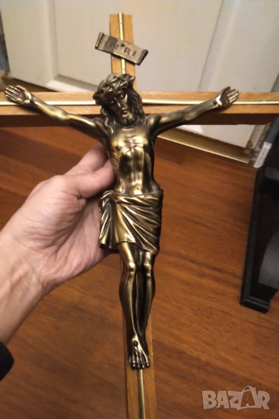 Масивно разпятие бронз и дърво 50 см, снимка 1