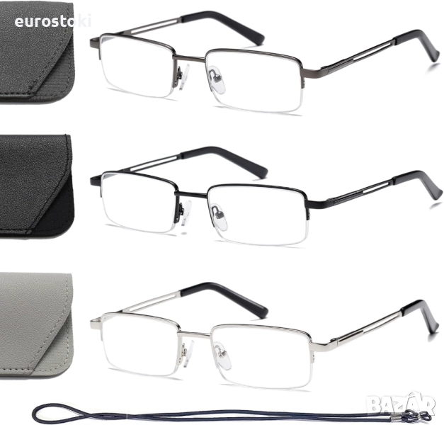 Hubeye 3 бр. Очила за четене с половин рамка за мъже и жени, метална рамка, пружинни панти, блокиран, снимка 1