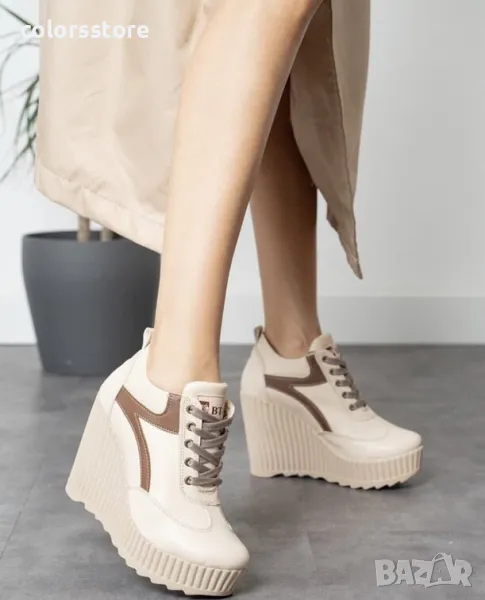 Кецове на платформа - бежова кожа с кафява лента и бежово ходило - NO4, снимка 1