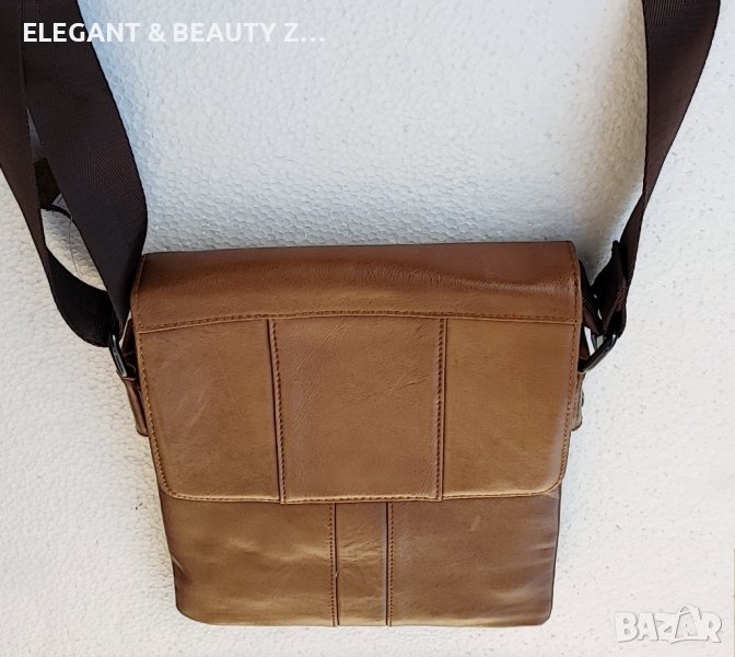 Мъжка  кафява кожена чанта с капак от телешки бокс черно, дъб  и  тик, снимка 1