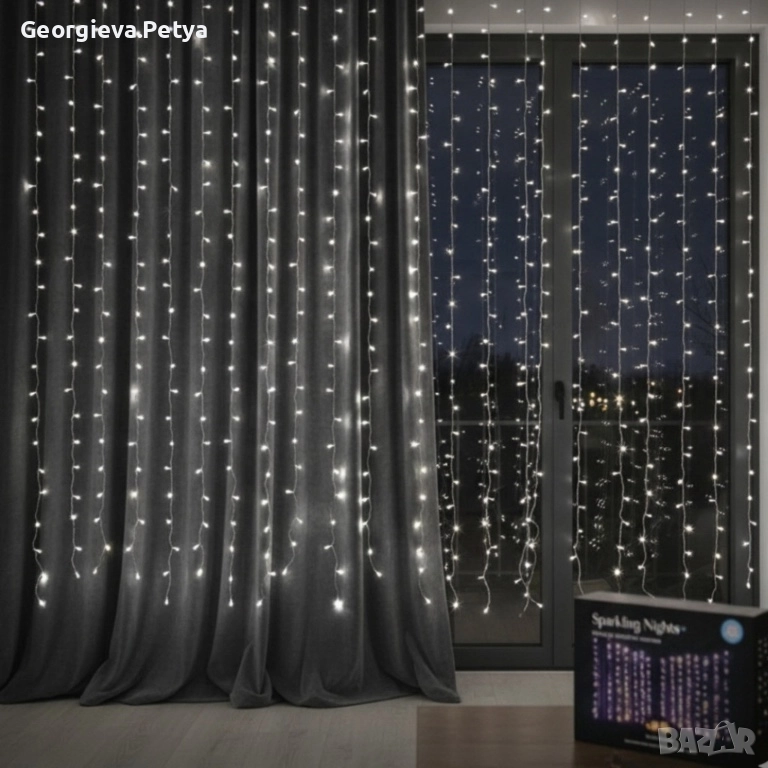 Коледна украса - LED светеща завеса, 300x60 см. Цветове - жълт и многоцветен Дебел кабел, снимка 1