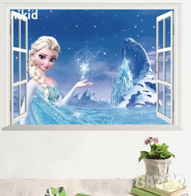 Елза през прозорец Замръзналото Кралство frozen самозалепващ стикер лепенка за стена, снимка 1
